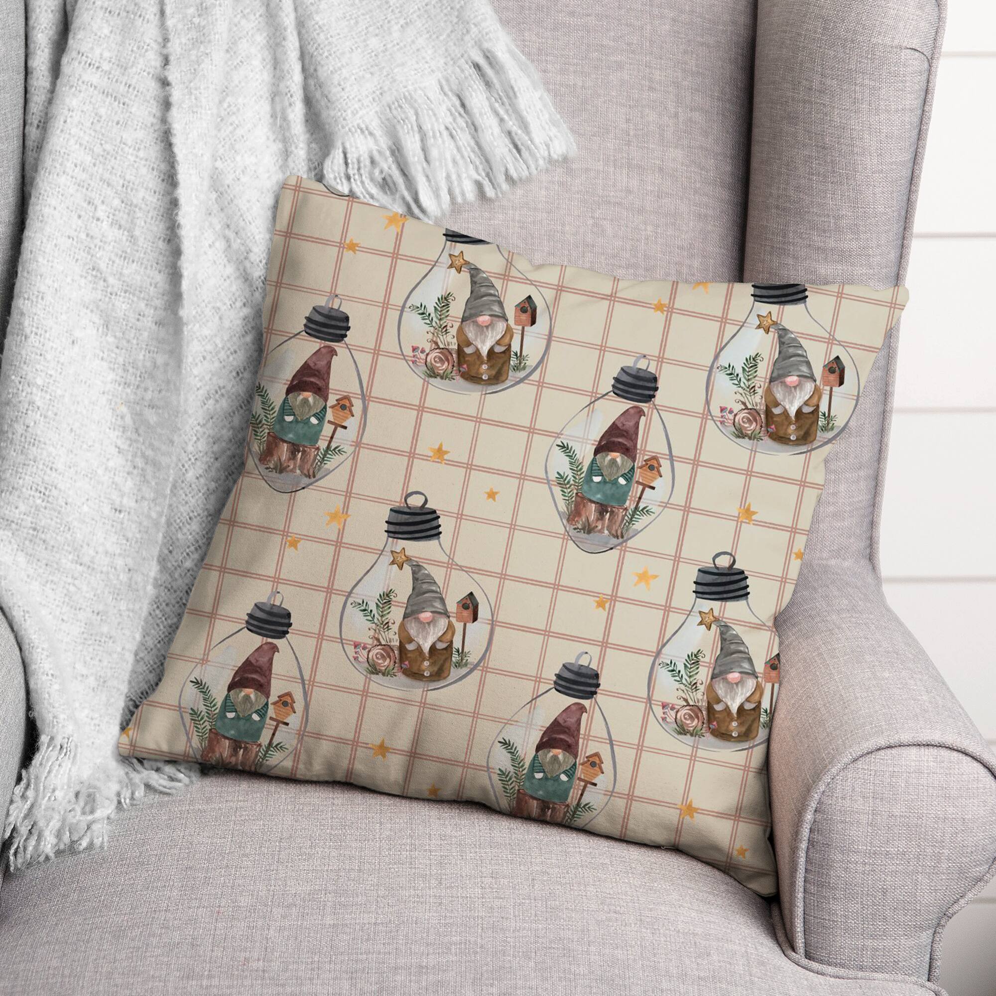 Cream & Red Check Gnome Globe Pattern Throw Pillow